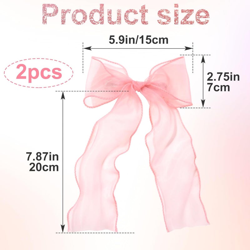 STSTR 2Pcs Large Hair Bow Clips, Pink Silk Yarn Ribbon Bow Hair Barrette for Women, Elegant Long Tail Bowknot French Hairstyles Accessories for Wedding, Parties, Festivals - Style 4 - Image 2